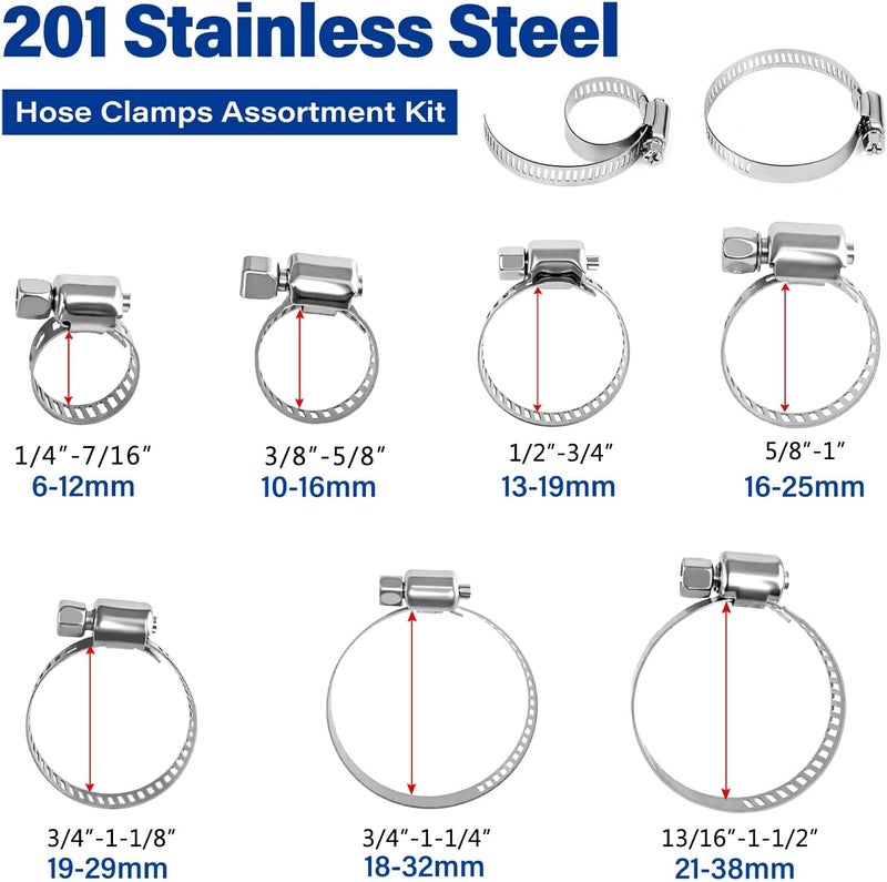 imsiboc 201 Stainless Steel Hose Clamp Assortment Kit, 165PCS of 7 Adjustable Size 1/4''- 1-1/2'' (6-38mm) Worm Gear Metal Fuel Line Clamp for Plumbing, Automotive And Mechanical Applications - Image 2